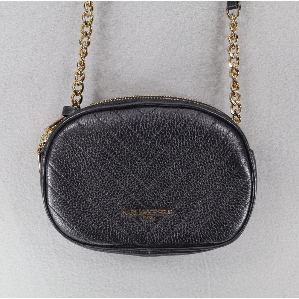 Karl Lagerfeld Paris Charlotte Crossbody Leather Black Gold Chain Round Pattern